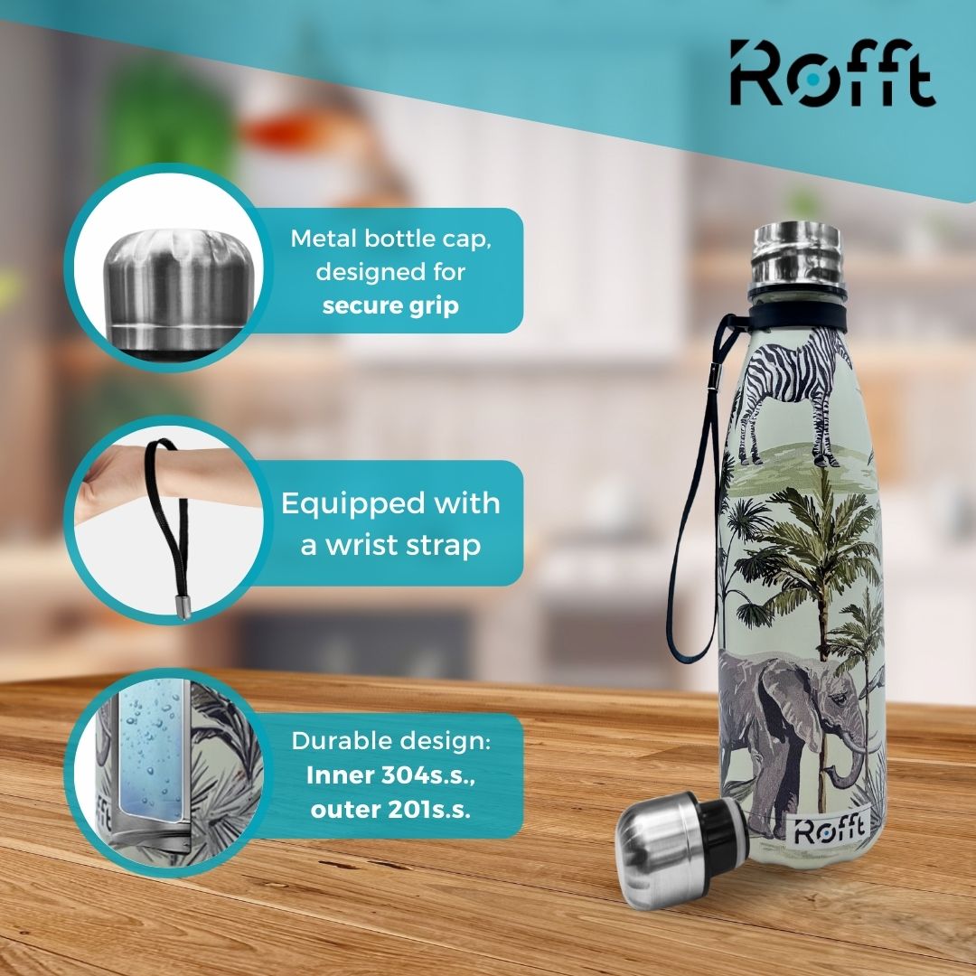 Rofft 30 oz Stainless Steel Insulated Water Bottle, Leak Proof BPA-Free Reusable Metal Bottle with Wrist Strap, Safari Jungle Animal Print Travel Bottle for School, Gym, Hiking - Image 5